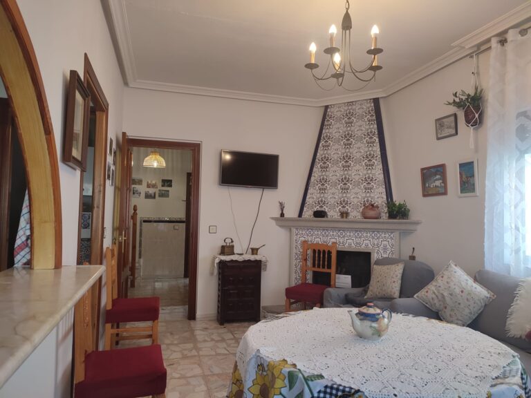 Salón comedor con chimenea, televisión, sofá en la Casa rural Regajo Lobos